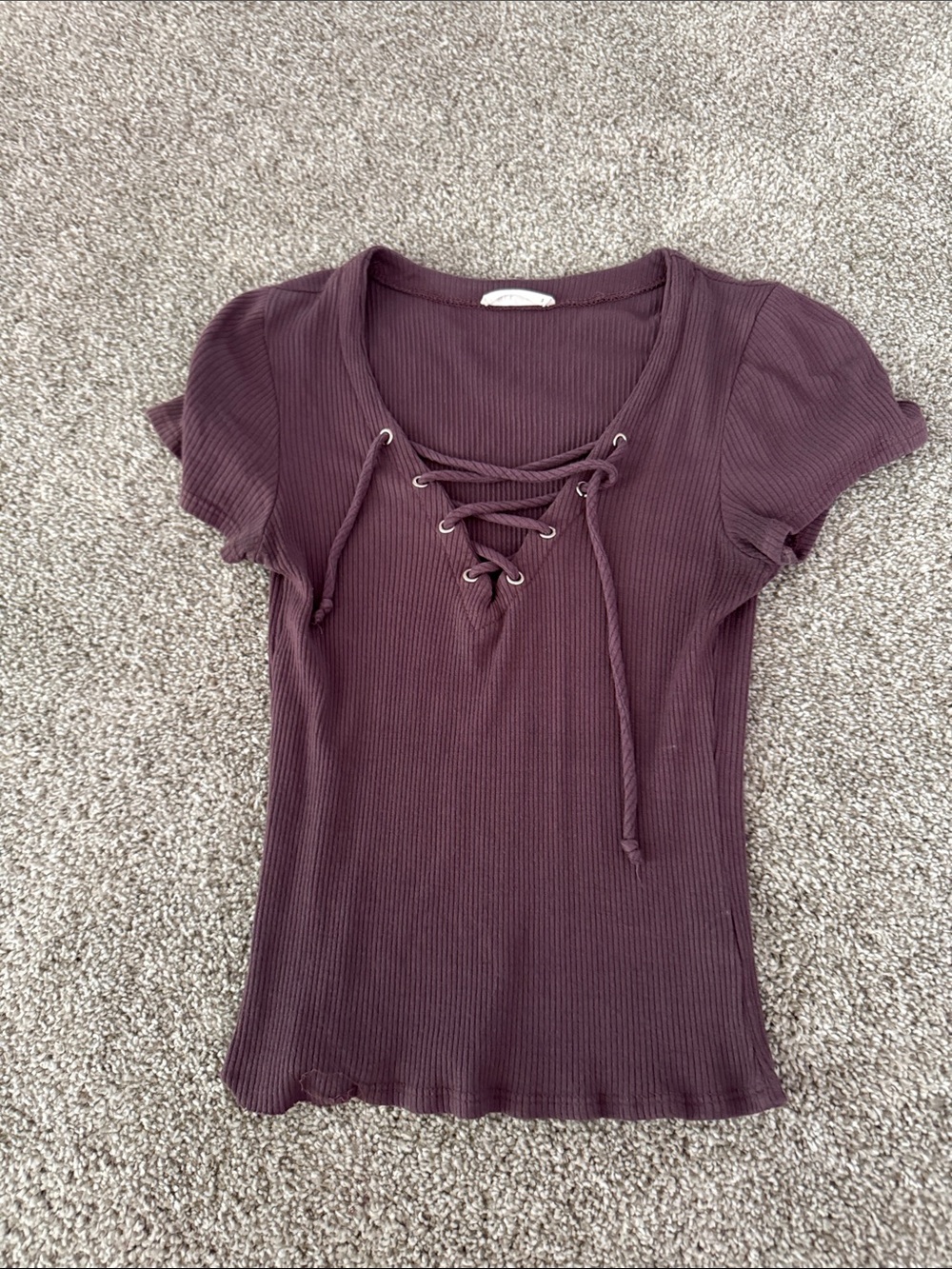 Full Tilt Lace-Up Ribbed Scoop Tee - Plum Brown